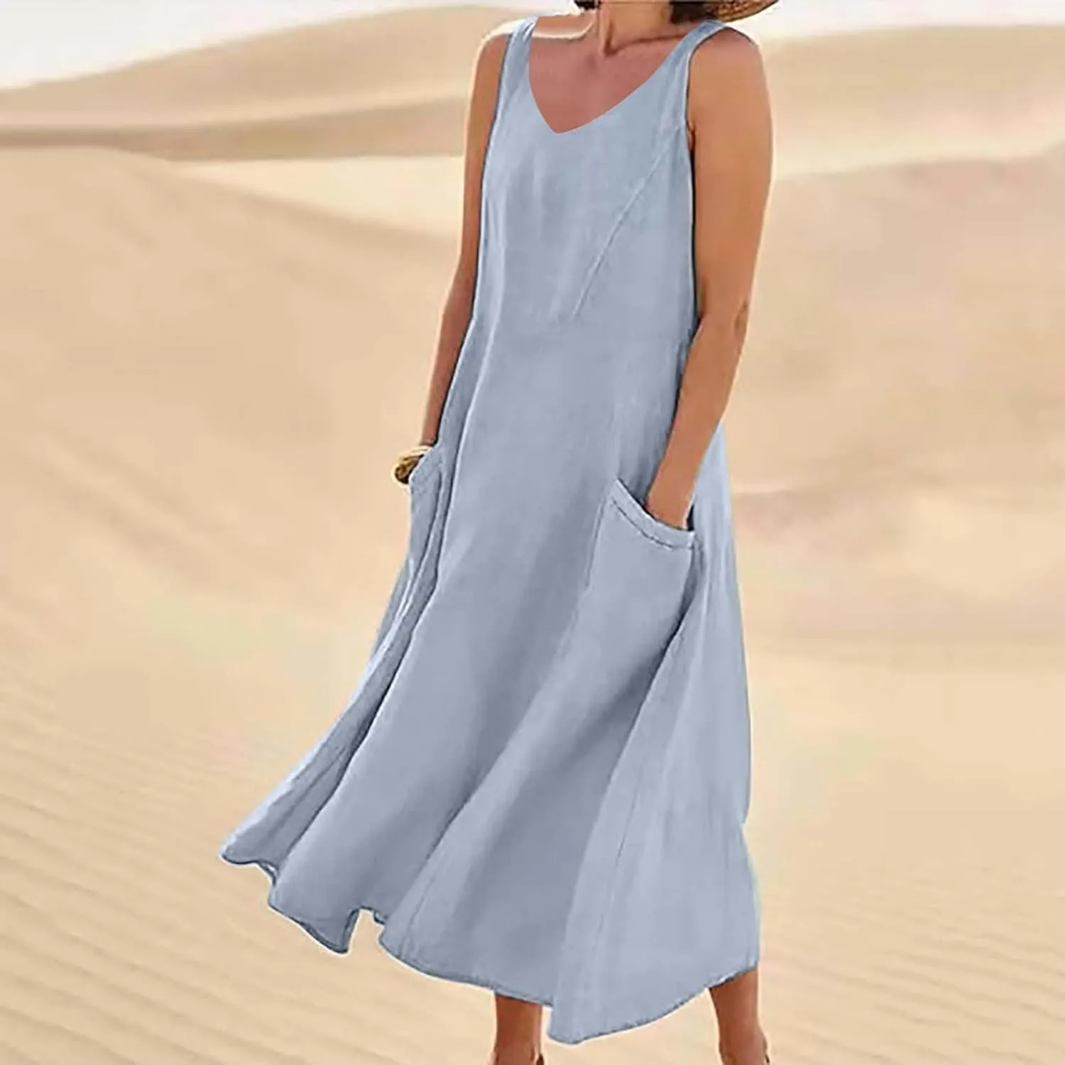 Summer Cotton Linen Long Dress for Women 2025 Sleeveless Boho Flowy Dresses Plus Size Loose Comfy Dress with Pockets