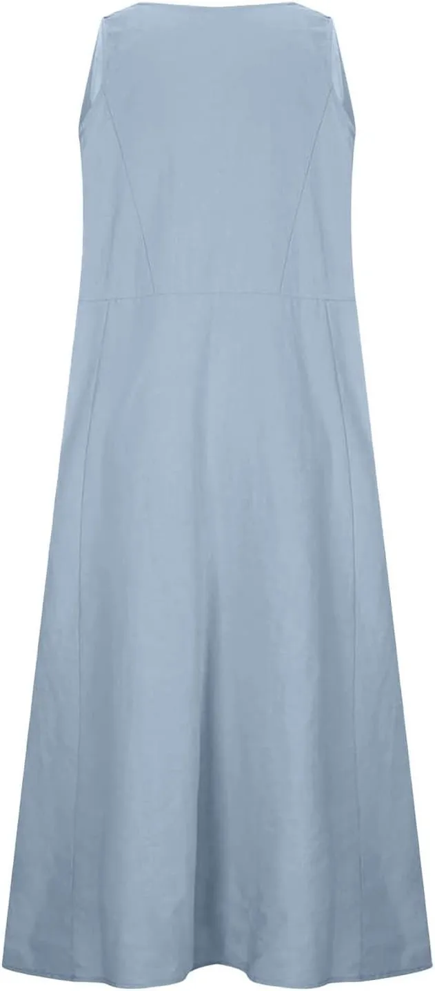 Summer Cotton Linen Long Dress for Women 2025 Sleeveless Boho Flowy Dresses Plus Size Loose Comfy Dress with Pockets