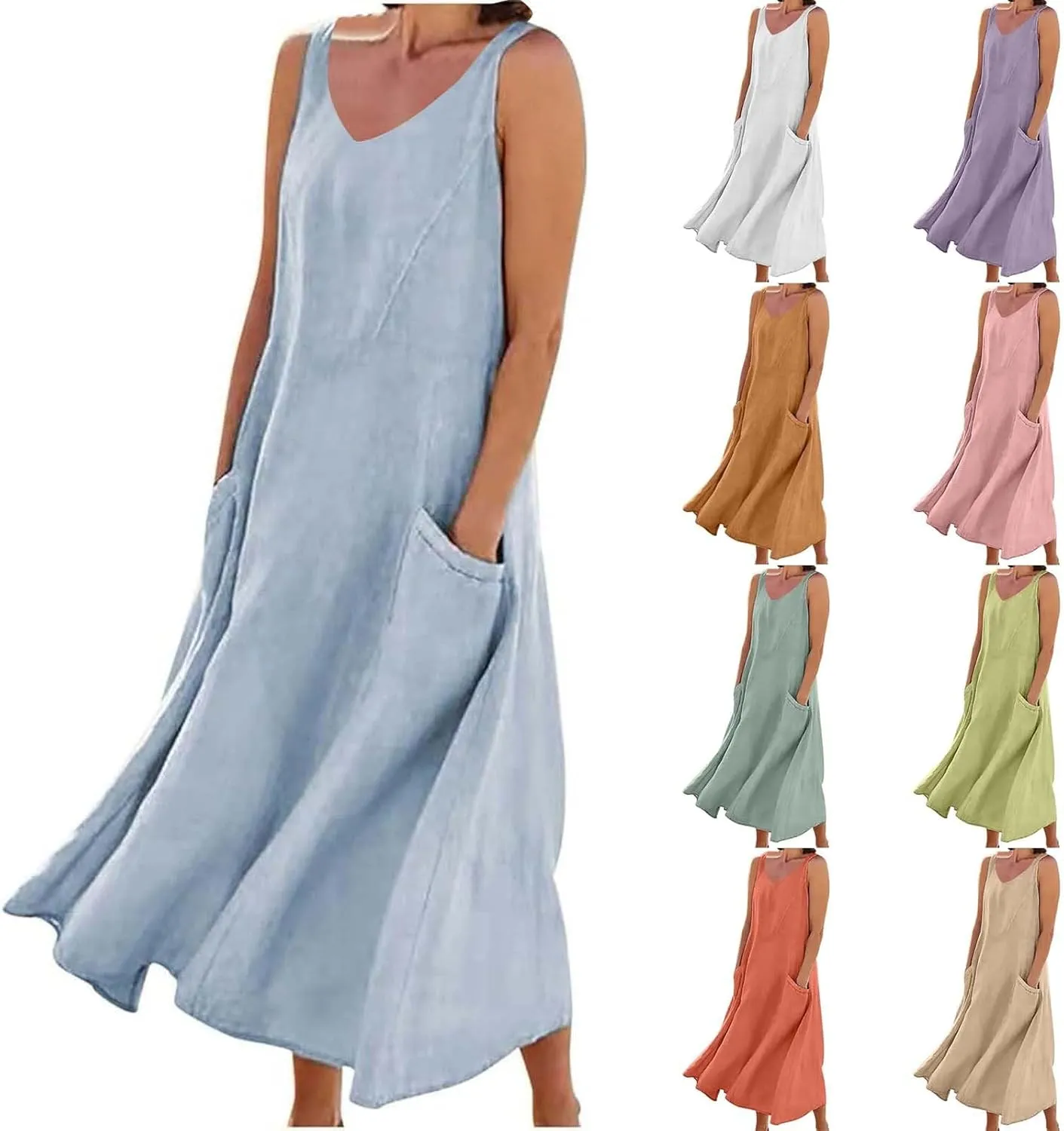 Summer Cotton Linen Long Dress for Women 2025 Sleeveless Boho Flowy Dresses Plus Size Loose Comfy Dress with Pockets