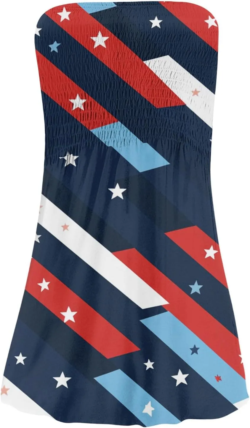 Summer Dresses for Women 2025 4th of July Shirred Tube Mini Dress Sexy Patriotic Empire Waist Sleeveless Ruffle Sundresses
