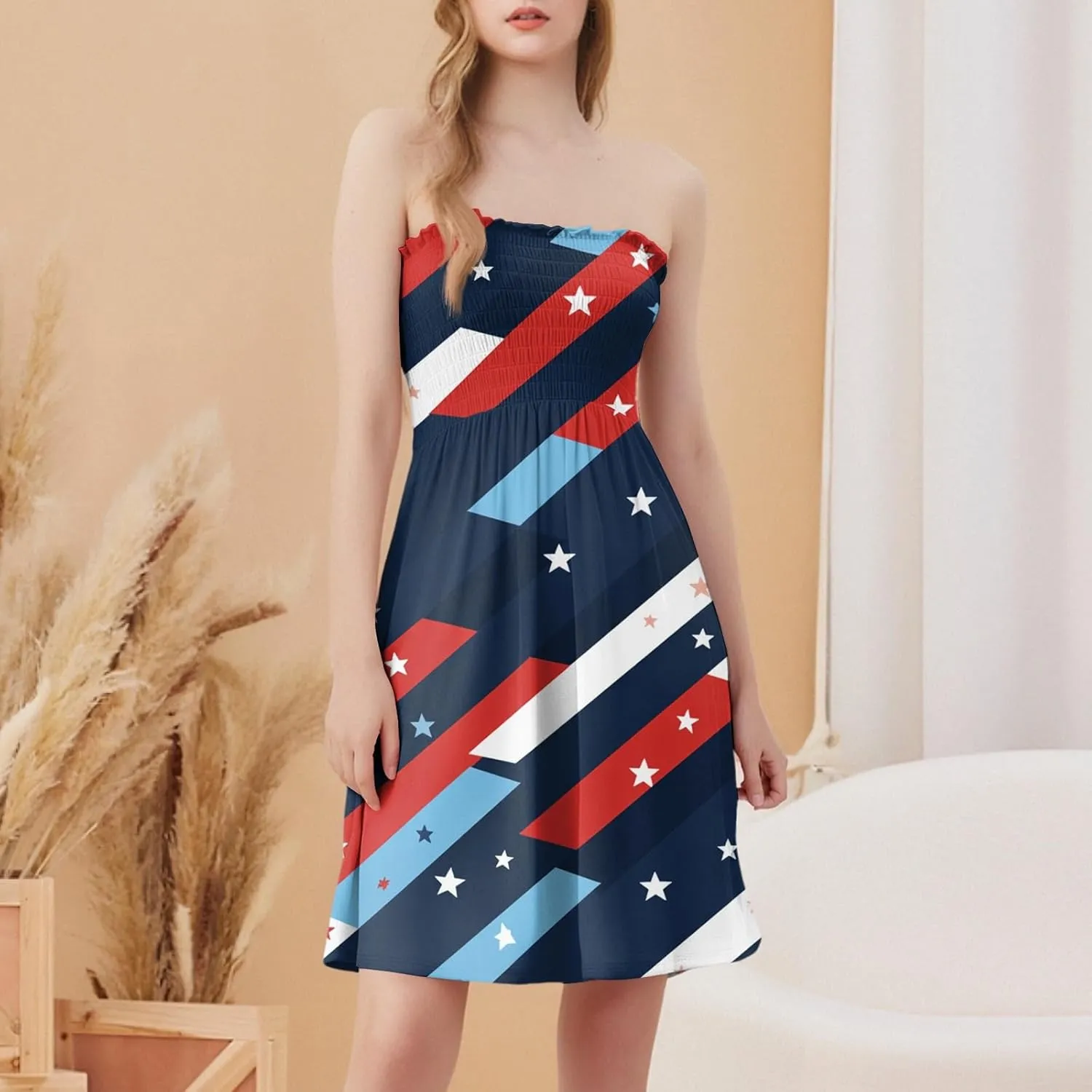 Summer Dresses for Women 2025 4th of July Shirred Tube Mini Dress Sexy Patriotic Empire Waist Sleeveless Ruffle Sundresses