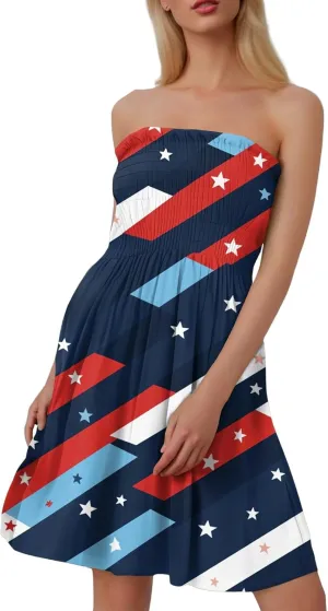 Summer Dresses for Women 2025 4th of July Shirred Tube Mini Dress Sexy Patriotic Empire Waist Sleeveless Ruffle Sundresses