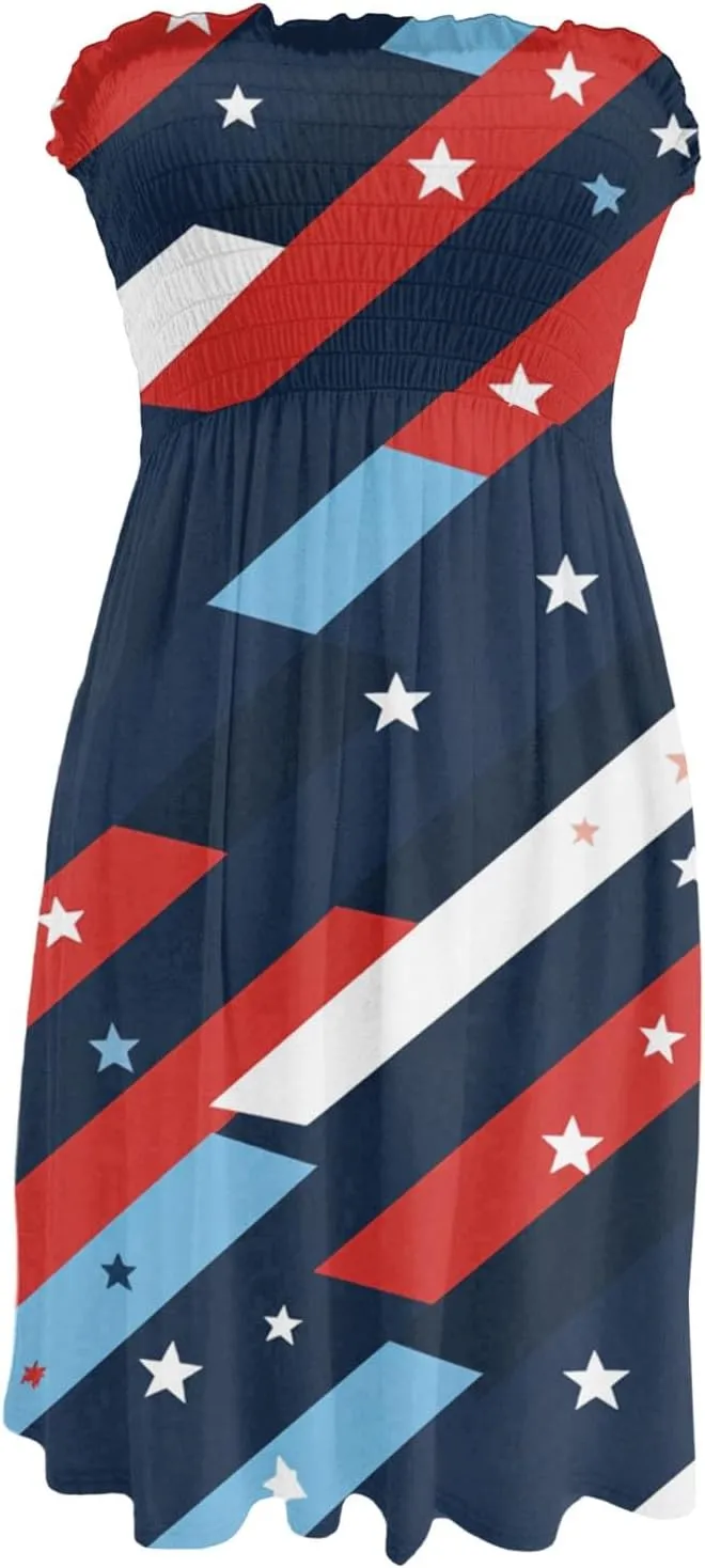 Summer Dresses for Women 2025 4th of July Shirred Tube Mini Dress Sexy Patriotic Empire Waist Sleeveless Ruffle Sundresses