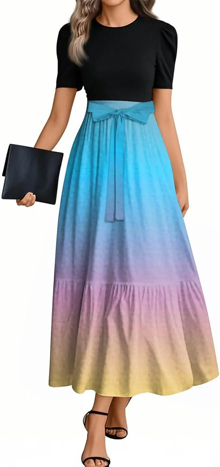 Summer Dresses for Women Floral Print Flowy Dress Patchwork Empire Waist Short Sleeve Dress Tie Belted Maxi Dress
