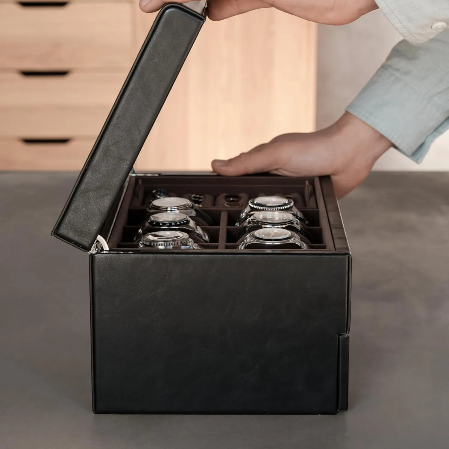 TAWBURY 6 Watch Jewelry Box for Men in a Sleek, Black PU Leather - Premium Storage for Watches, Cufflinks, Rings, Sunglasses & More | Featuring a Removable Cufflink Holder & Customizable Drawer Layout