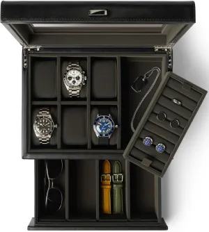 TAWBURY 6 Watch Jewelry Box for Men in a Sleek, Black PU Leather - Premium Storage for Watches, Cufflinks, Rings, Sunglasses & More | Featuring a Removable Cufflink Holder & Customizable Drawer Layout
