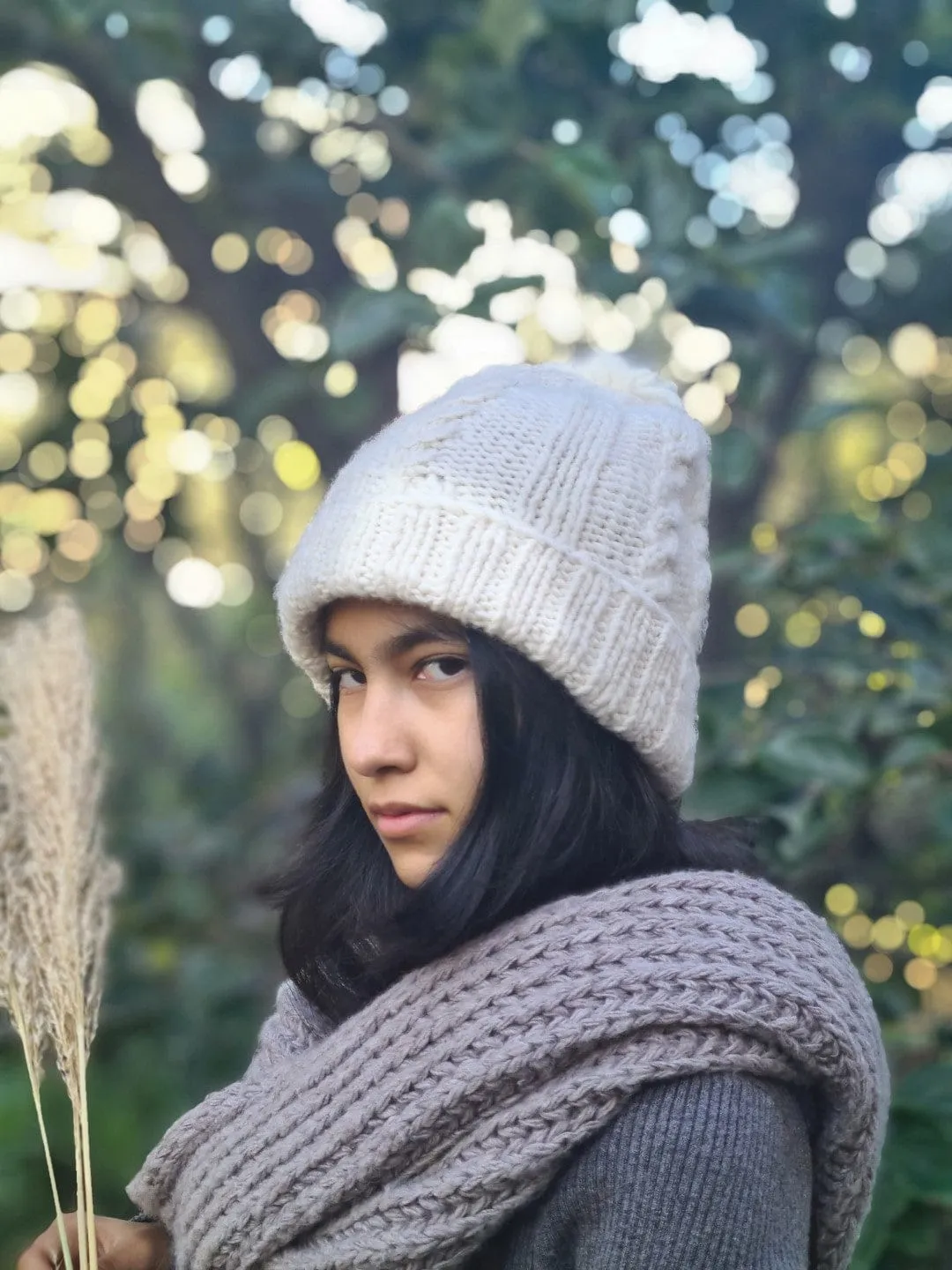 White Angora Beanie with Pom - Pom