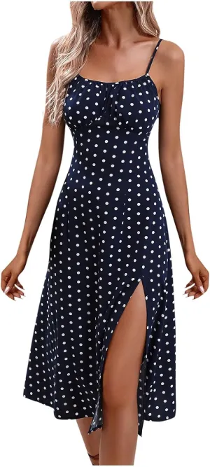 Women Polka Dot Spaghetti Strap Dresses Beach Vacation Sundresses 2024 Causal Slit Midi Dress Trendy Boutique Clothes