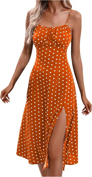 Women Polka Dot Spaghetti Strap Dresses Beach Vacation Sundresses 2024 Causal Slit Midi Dress Trendy Boutique Clothes