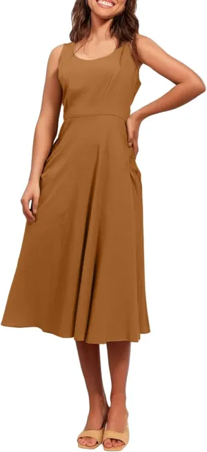 Women Summer Dresses Spaghetti Strap Sleeveless Linen Overall Dress Casual A-Line Midi Long Beach Dress with Pocket