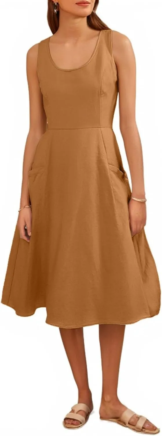Women Summer Dresses Spaghetti Strap Sleeveless Linen Overall Dress Casual A-Line Midi Long Beach Dress with Pocket
