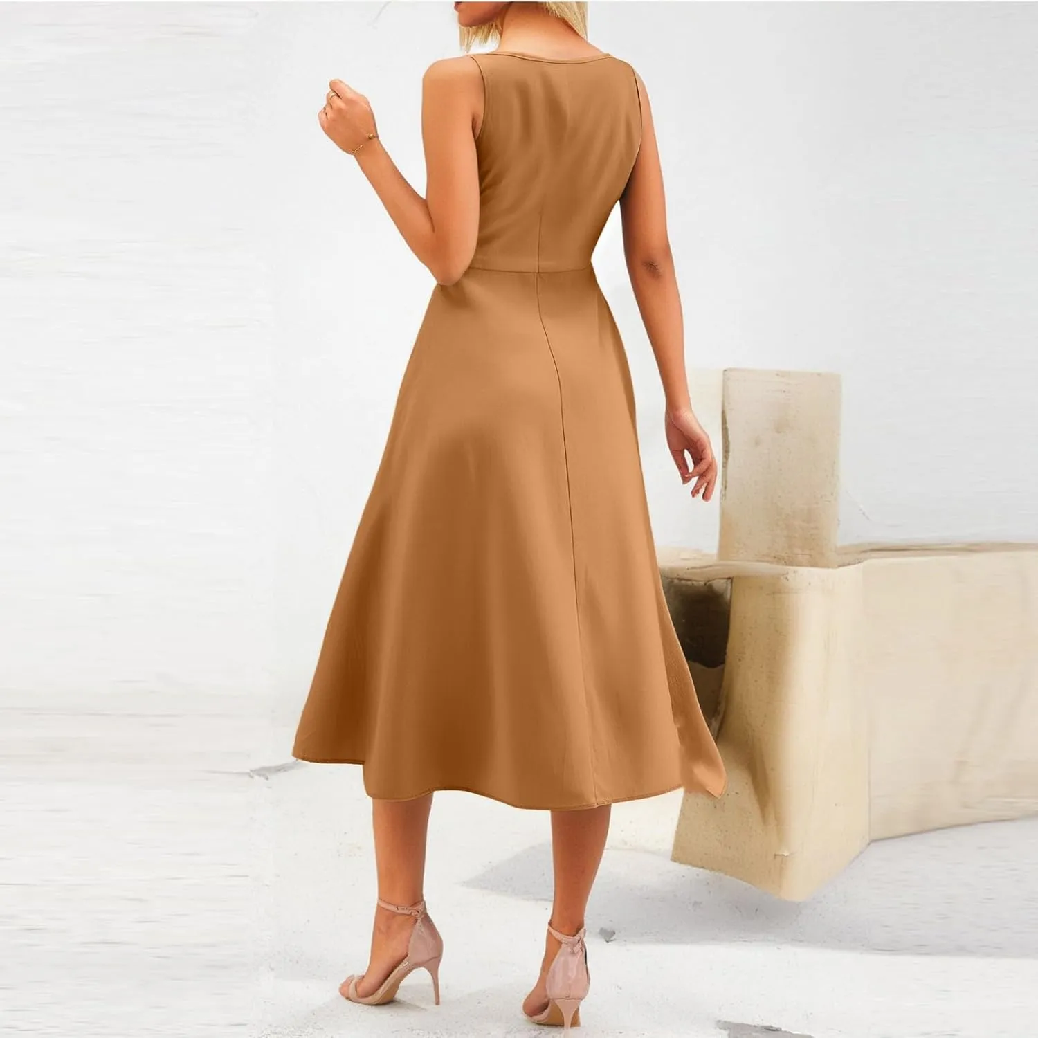 Women Summer Dresses Spaghetti Strap Sleeveless Linen Overall Dress Casual A-Line Midi Long Beach Dress with Pocket
