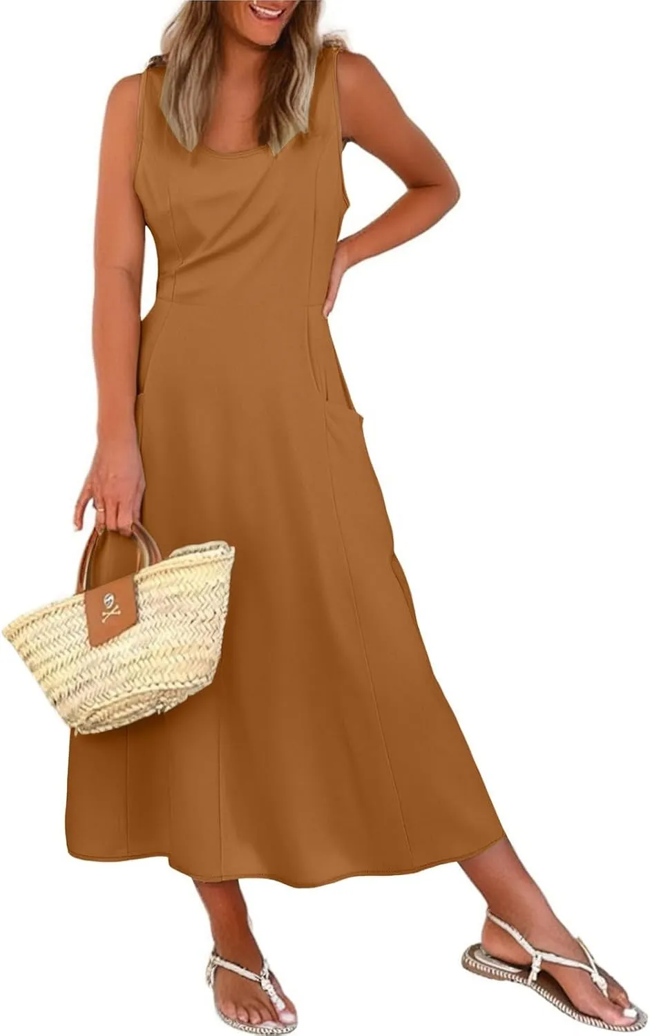 Women Summer Dresses Spaghetti Strap Sleeveless Linen Overall Dress Casual A-Line Midi Long Beach Dress with Pocket