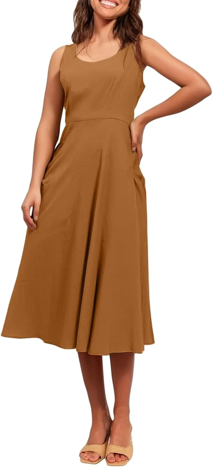 Women Summer Dresses Spaghetti Strap Sleeveless Linen Overall Dress Casual A-Line Midi Long Beach Dress with Pocket