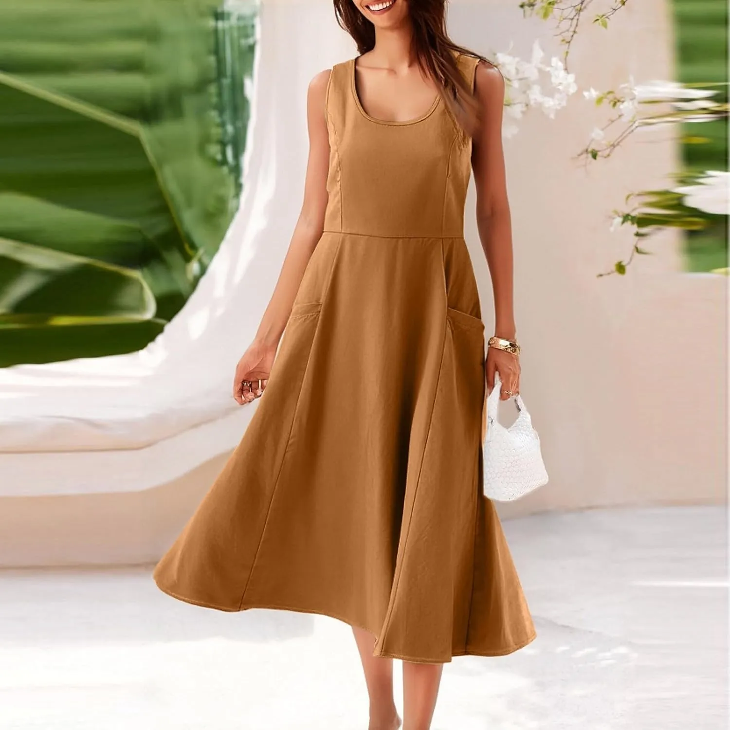 Women Summer Dresses Spaghetti Strap Sleeveless Linen Overall Dress Casual A-Line Midi Long Beach Dress with Pocket