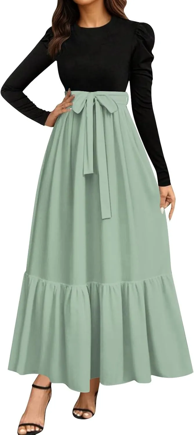 Women's Boho Dresses 2025 Crew Neck Long Sleeve High Waist Smocked Teacher Church Modest Midi Dress, S-2Xl