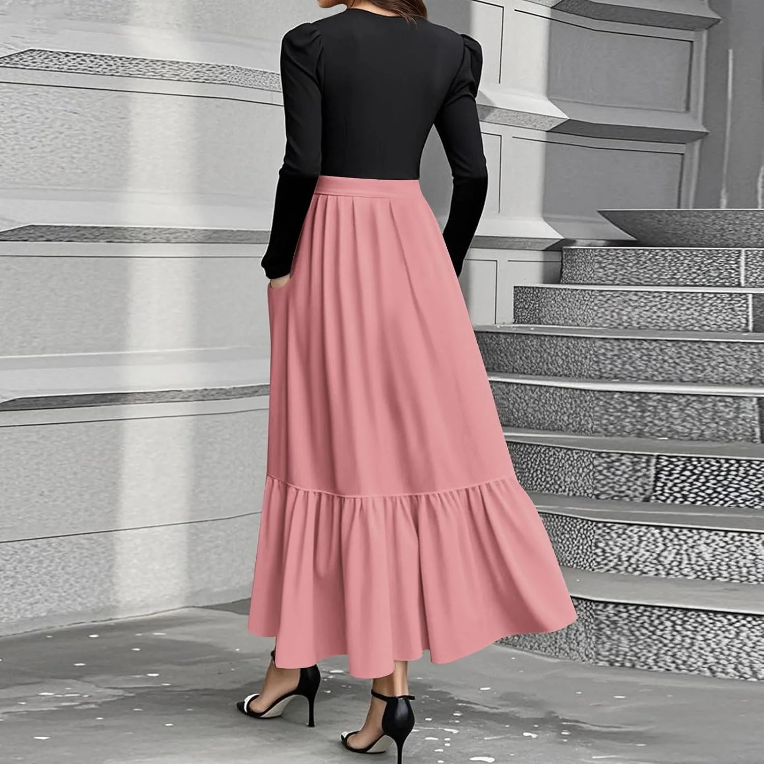 Women's Boho Dresses 2025 Crew Neck Long Sleeve High Waist Smocked Teacher Church Modest Midi Dress, S-2Xl
