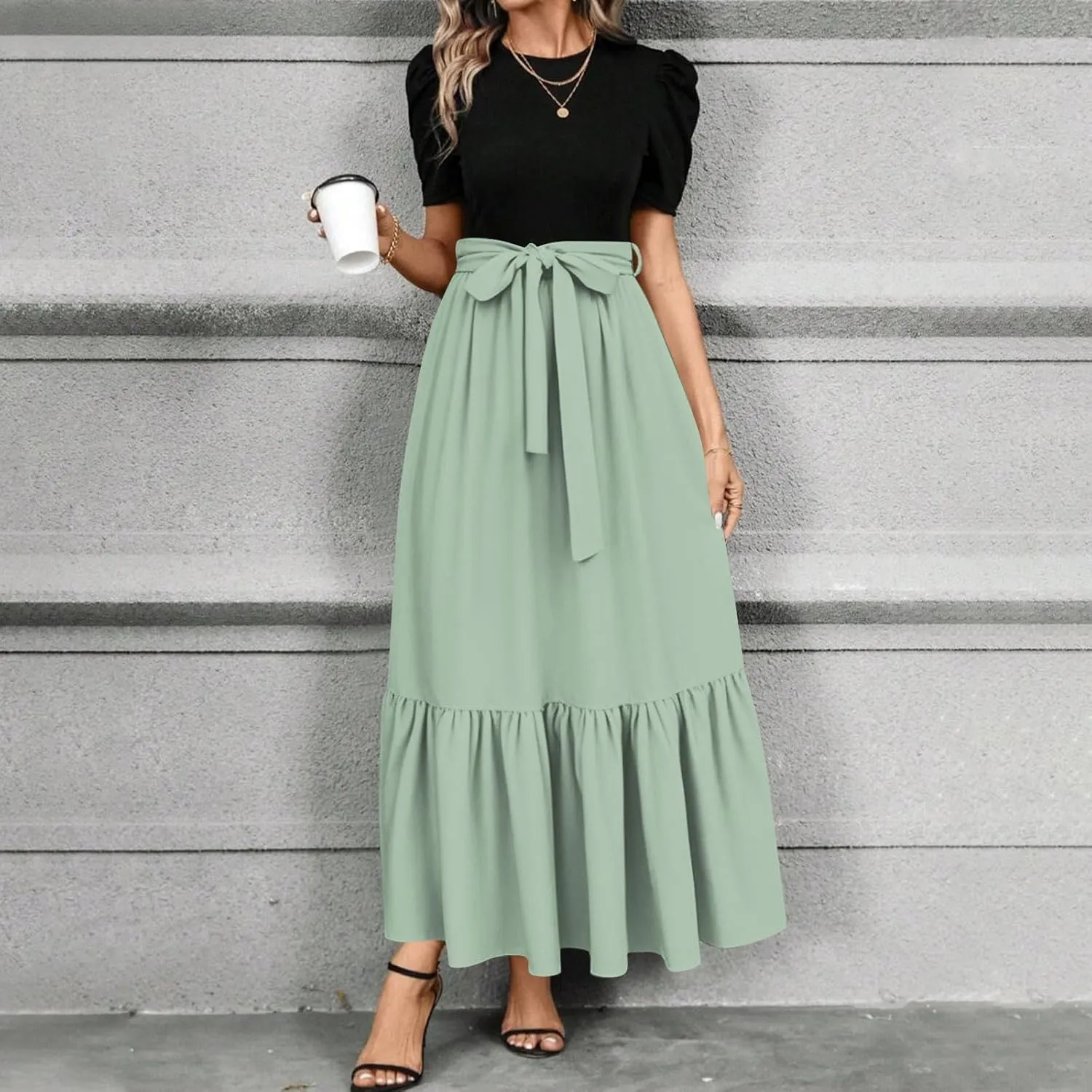 Women's Boho Dresses 2025 Crew Neck Long Sleeve High Waist Smocked Teacher Church Modest Midi Dress, S-2Xl