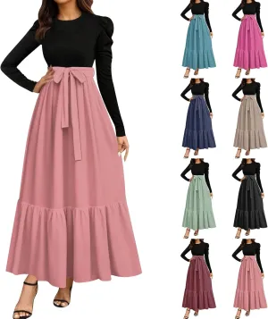 Women's Boho Dresses 2025 Crew Neck Long Sleeve High Waist Smocked Teacher Church Modest Midi Dress, S-2Xl