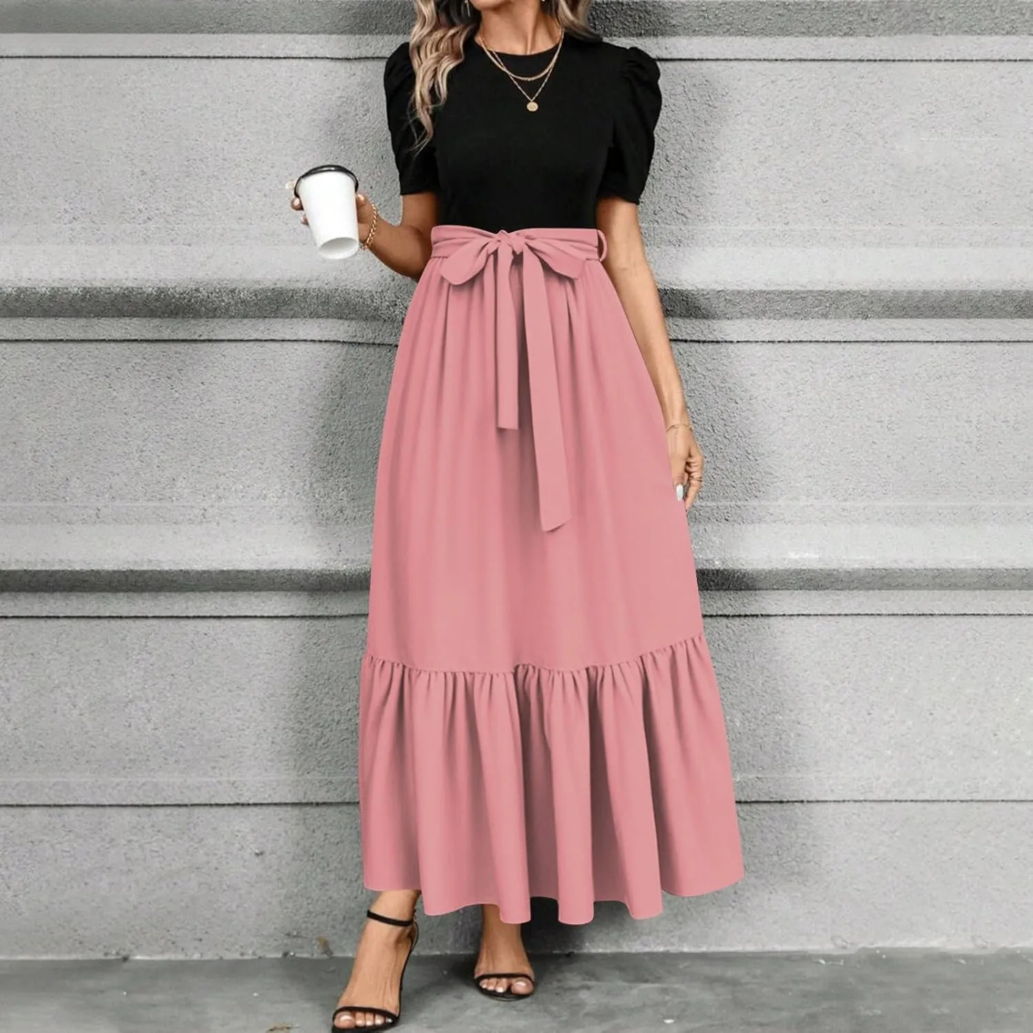 Women's Boho Dresses 2025 Crew Neck Long Sleeve High Waist Smocked Teacher Church Modest Midi Dress, S-2Xl