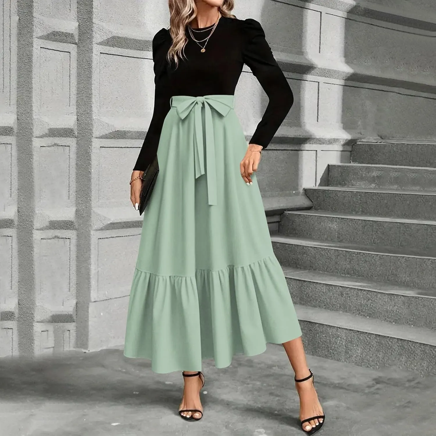 Women's Boho Dresses 2025 Crew Neck Long Sleeve High Waist Smocked Teacher Church Modest Midi Dress, S-2Xl
