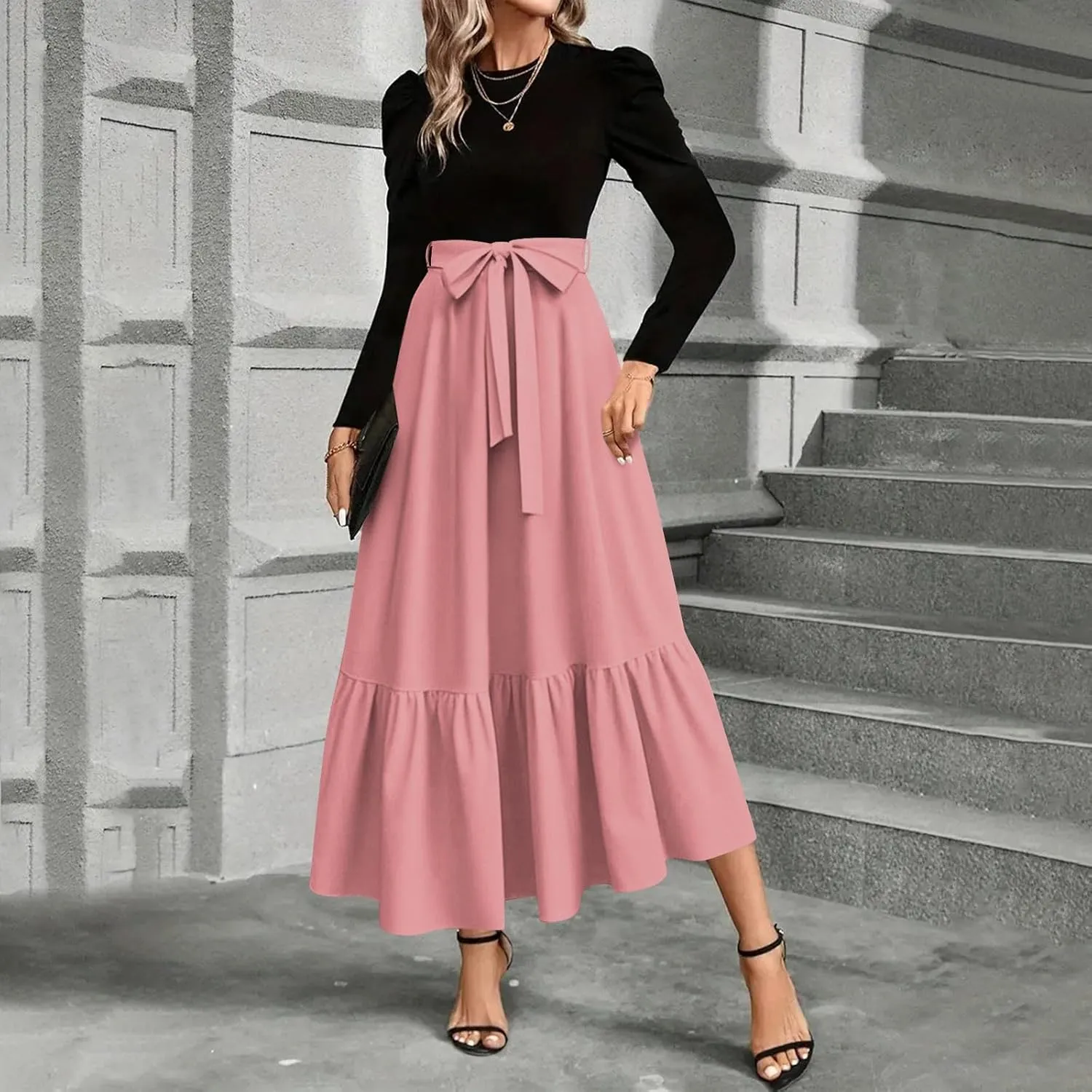Women's Boho Dresses 2025 Crew Neck Long Sleeve High Waist Smocked Teacher Church Modest Midi Dress, S-2Xl