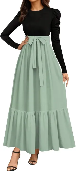 Women's Boho Dresses 2025 Crew Neck Long Sleeve High Waist Smocked Teacher Church Modest Midi Dress, S-2Xl