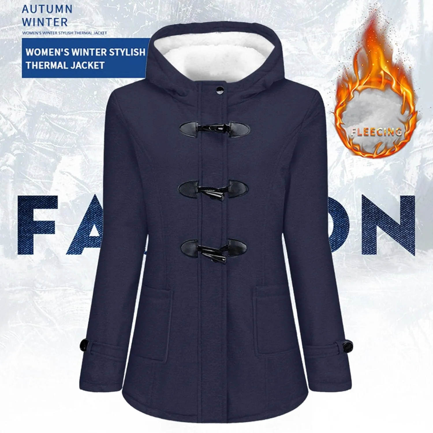 Womens Fashion Horn Button Fleece Thicken Coat With Hood Winter Warm Jacket Women Coats plus Size