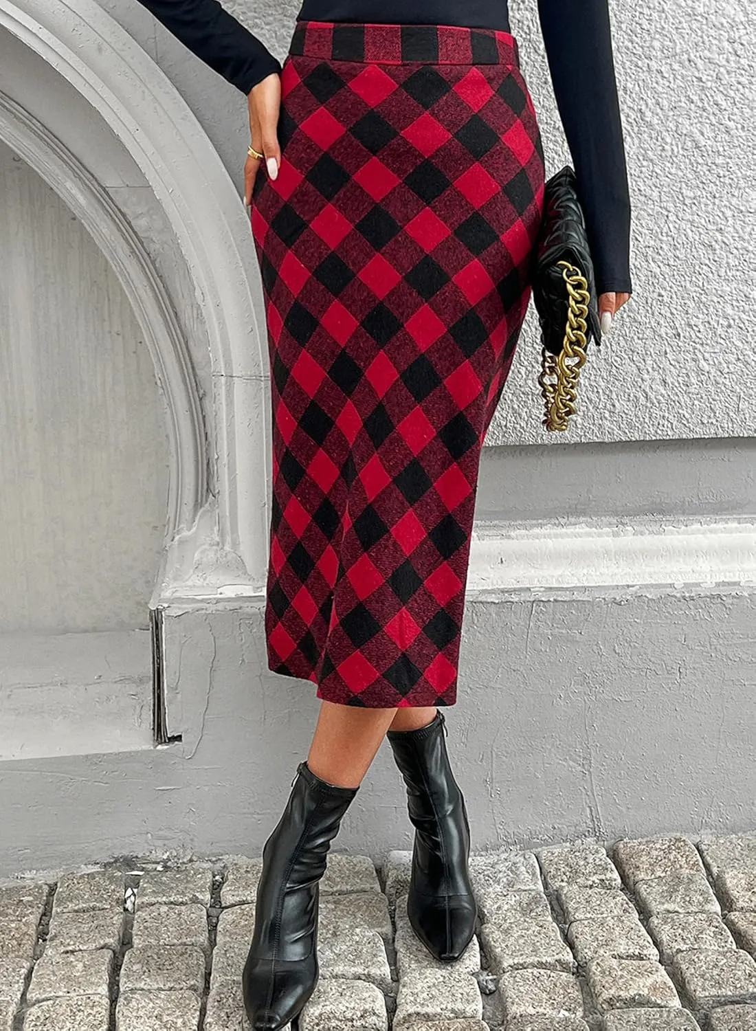 Womens Flannel Plaid Straight Vintage A Line Midi Length Long Pencil Skirt