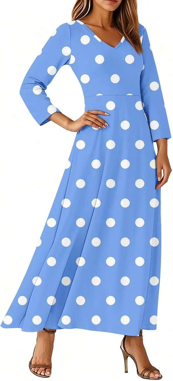 Women's Long Sleeve Dress Spring Empire Waist Polka Dots Smocked Boho Swing Maxi Dress for 2025, S-2Xl