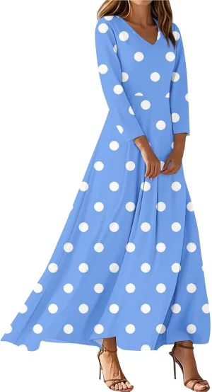 Women's Long Sleeve Dress Spring Empire Waist Polka Dots Smocked Boho Swing Maxi Dress for 2025, S-2Xl