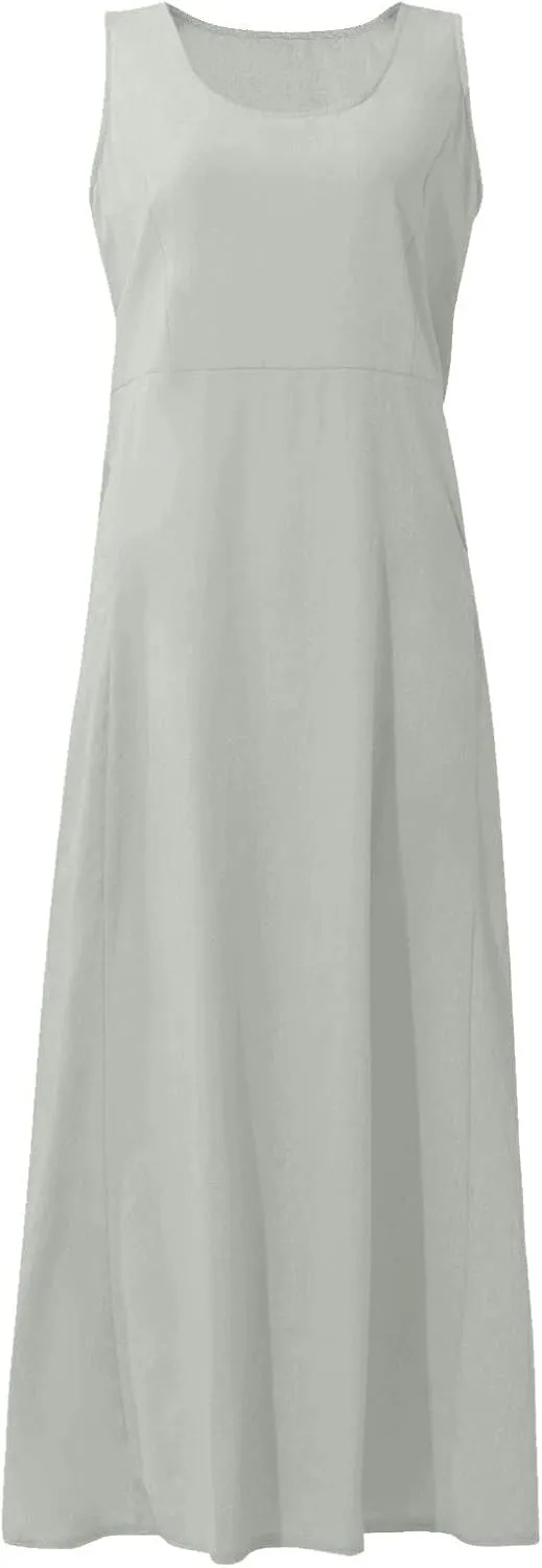 Women's Summer Cotton Linen Long Dress 2025 Sleeveless Elegant Flowy Dresses Plus Size Loose Comfy Dress with Pockets