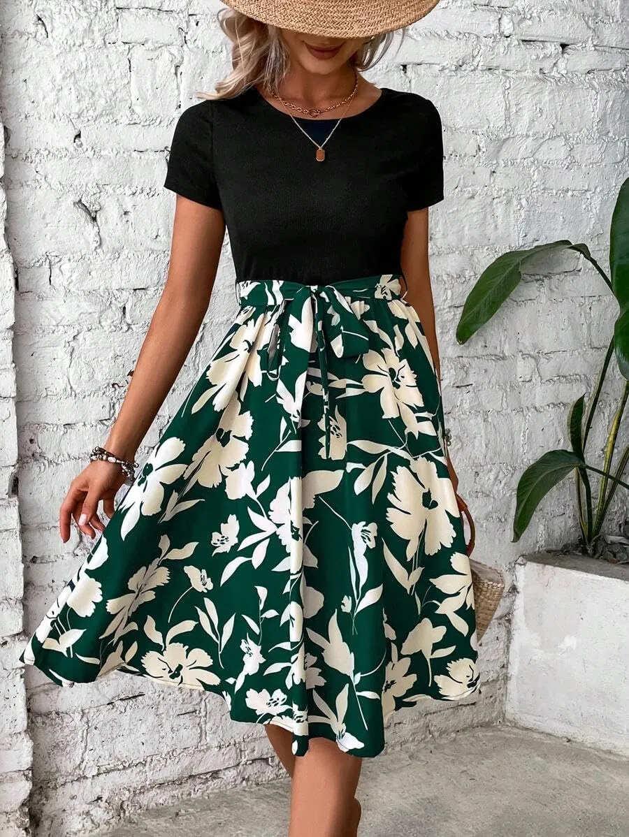 Women's Summer Dress Tie Waist Modest Short Sleeve A Line Midi Casual