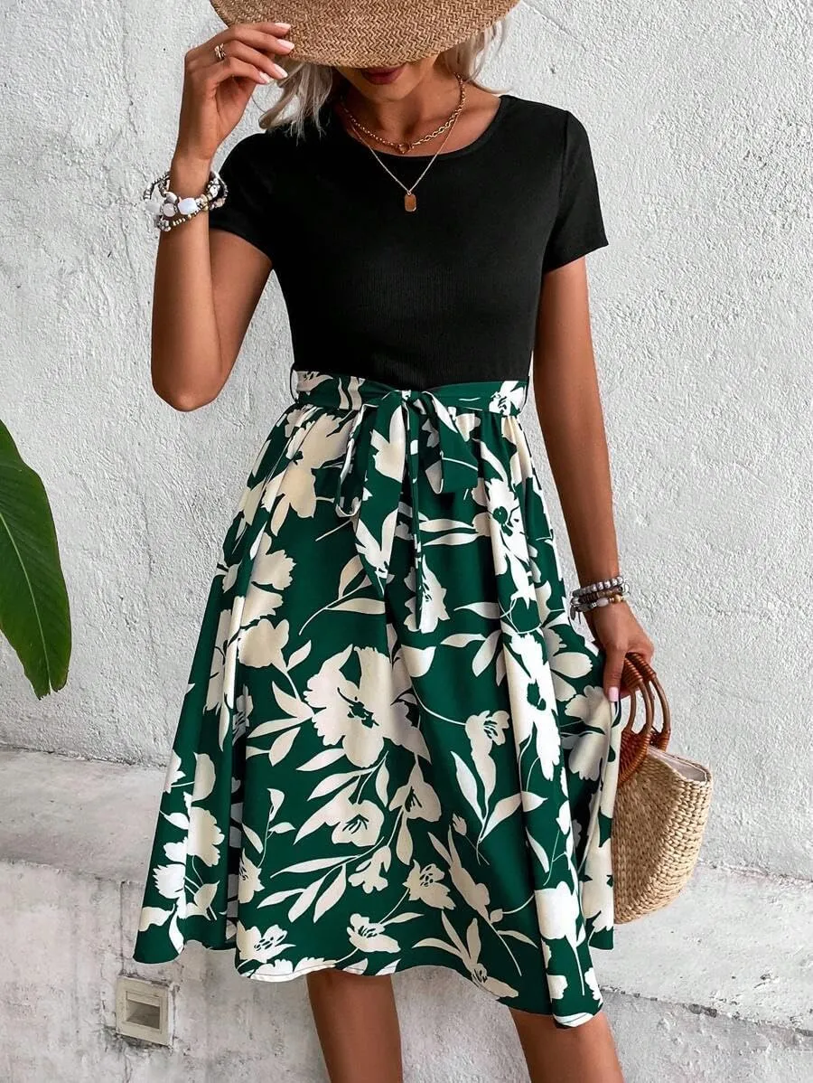Women's Summer Dress Tie Waist Modest Short Sleeve A Line Midi Casual