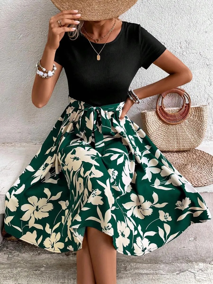 Women's Summer Dress Tie Waist Modest Short Sleeve A Line Midi Casual