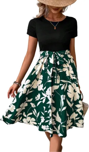 Women's Summer Dress Tie Waist Modest Short Sleeve A Line Midi Casual