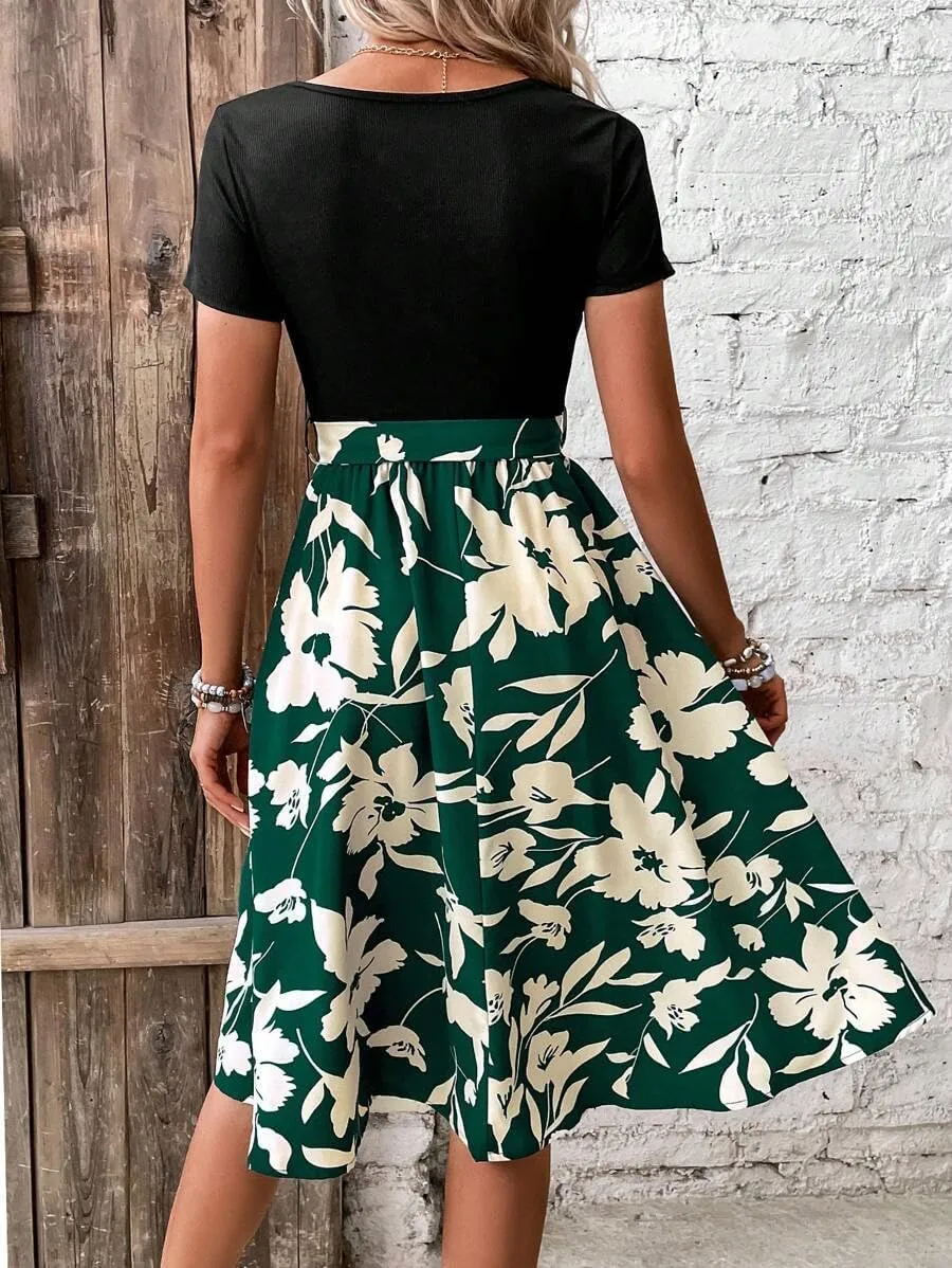 Women's Summer Dress Tie Waist Modest Short Sleeve A Line Midi Casual
