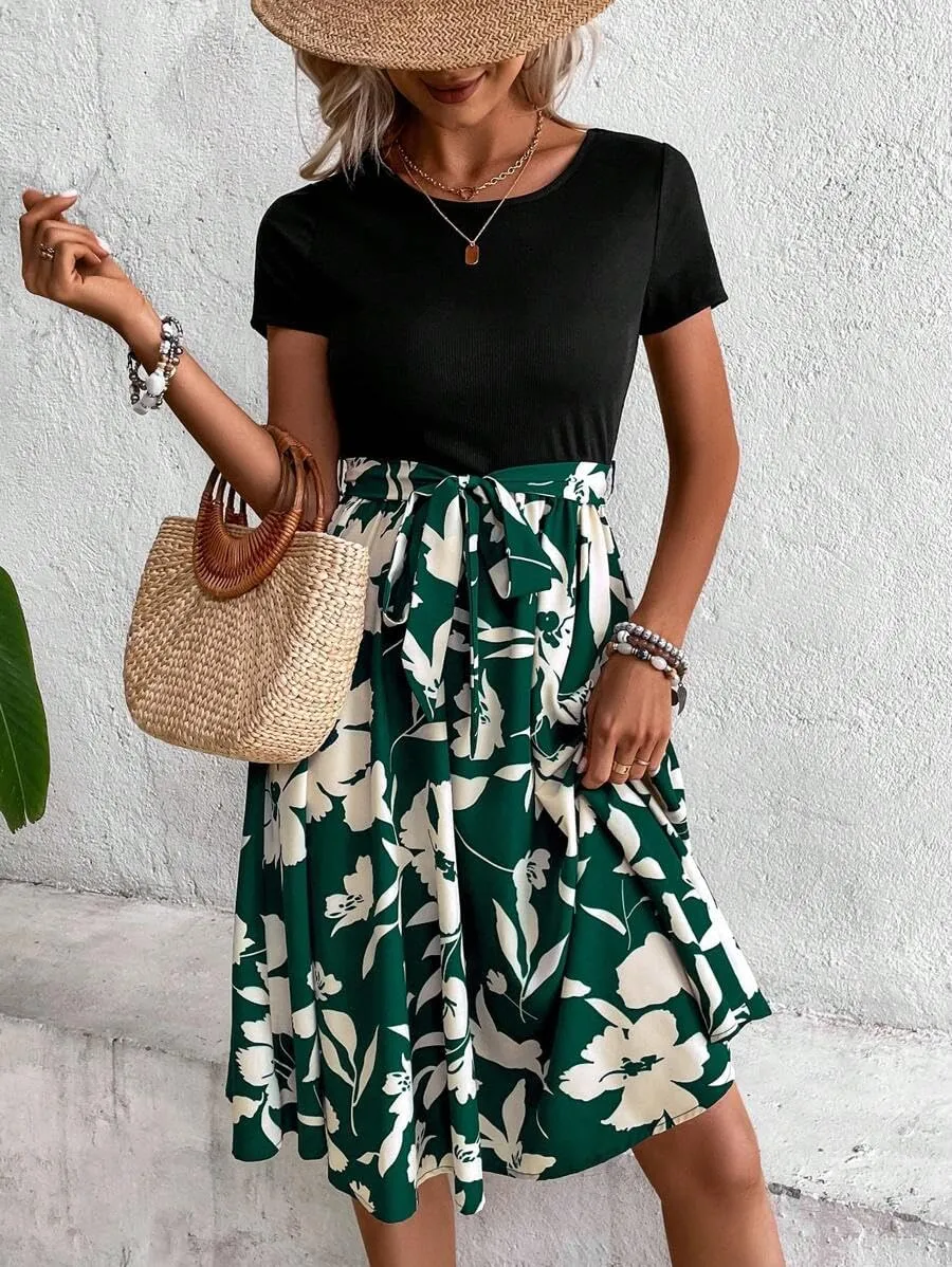 Women's Summer Dress Tie Waist Modest Short Sleeve A Line Midi Casual