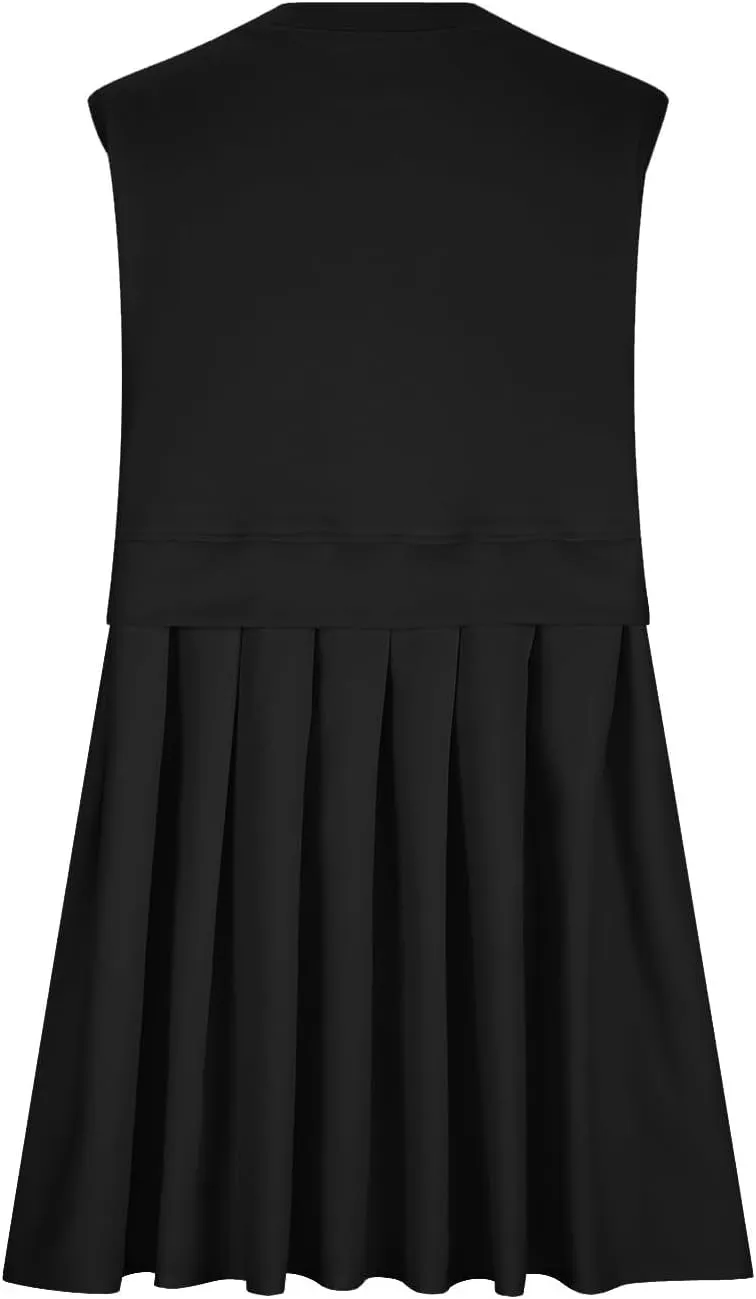 Womens Summer Sweatshirt Dresses Casual Crewneck Sleeveless Patchwork Pleated A Line Short Mini Dress Beach Sundresses