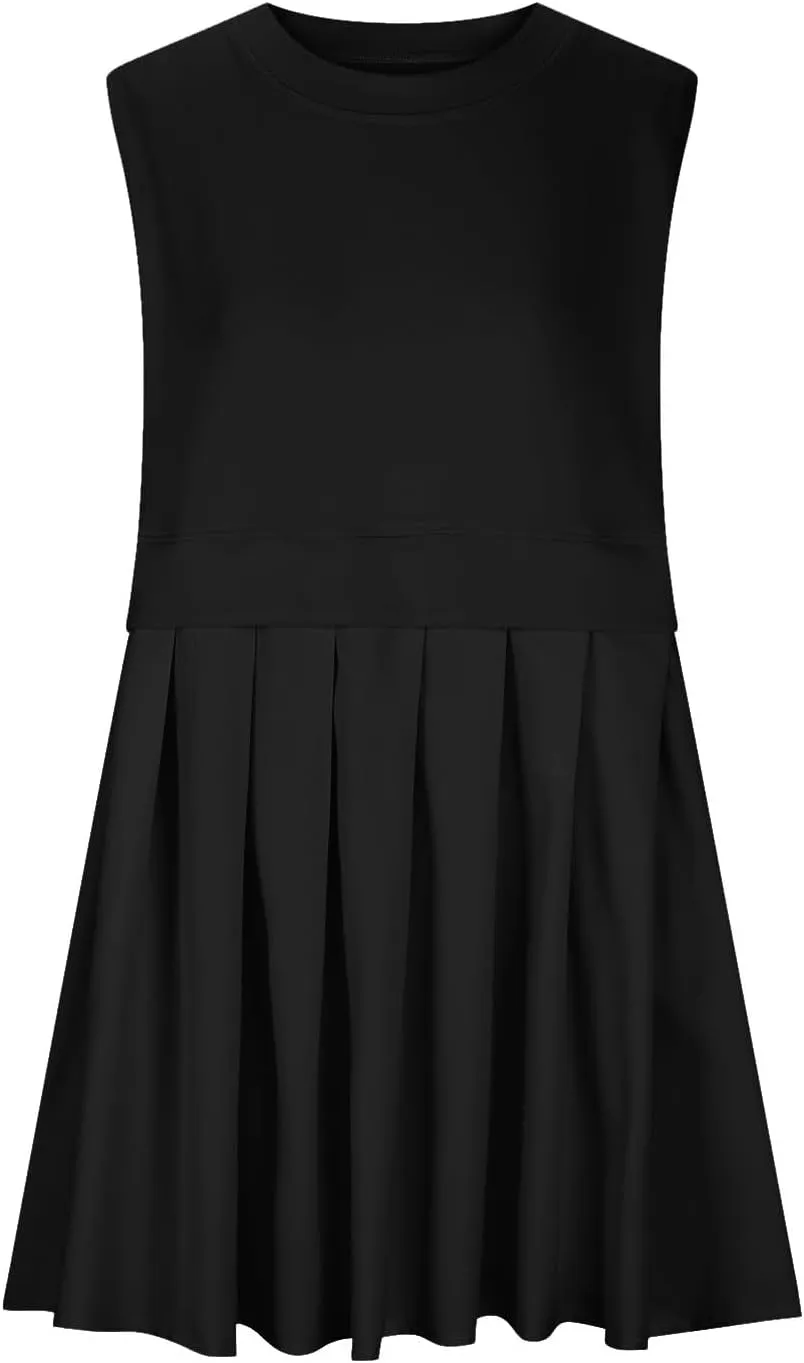 Womens Summer Sweatshirt Dresses Casual Crewneck Sleeveless Patchwork Pleated A Line Short Mini Dress Beach Sundresses