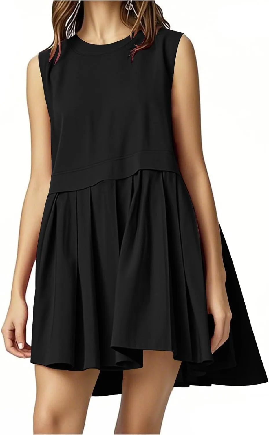 Womens Summer Sweatshirt Dresses Casual Crewneck Sleeveless Patchwork Pleated A Line Short Mini Dress Beach Sundresses