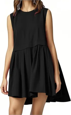 Womens Summer Sweatshirt Dresses Casual Crewneck Sleeveless Patchwork Pleated A Line Short Mini Dress Beach Sundresses