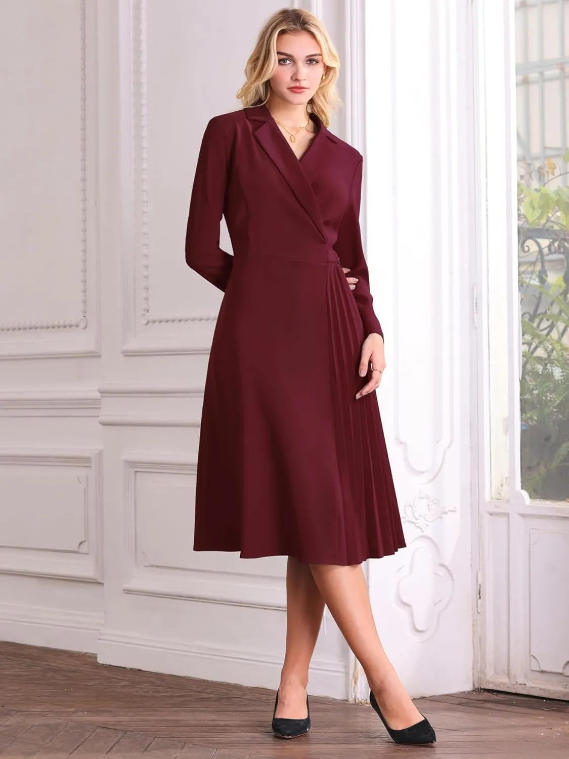 Women's Wrap Dress A-Line Pleated Midi Long Sleeve Dresses
