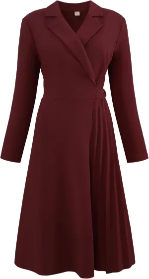 Women's Wrap Dress A-Line Pleated Midi Long Sleeve Dresses
