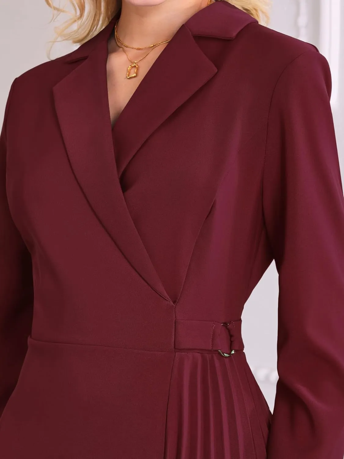 Women's Wrap Dress A-Line Pleated Midi Long Sleeve Dresses