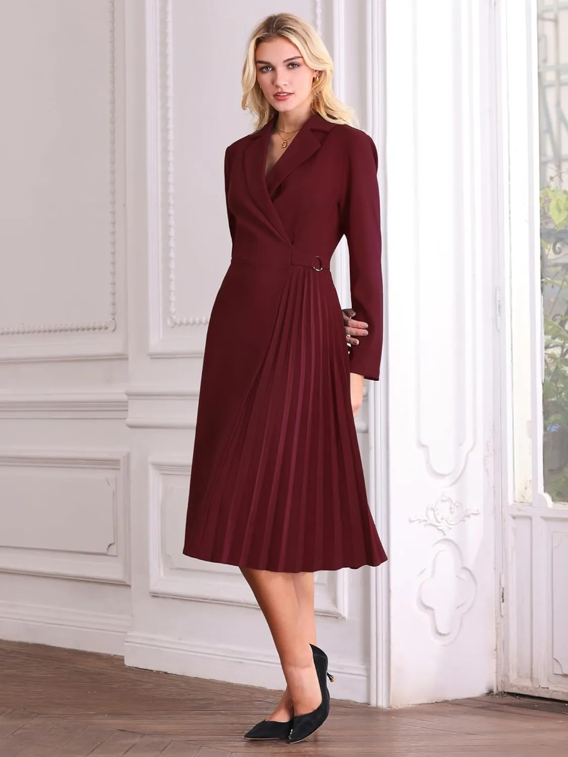 Women's Wrap Dress A-Line Pleated Midi Long Sleeve Dresses