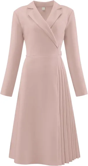 Women's Wrap Dress A-Line Pleated Midi Long Sleeve Dresses