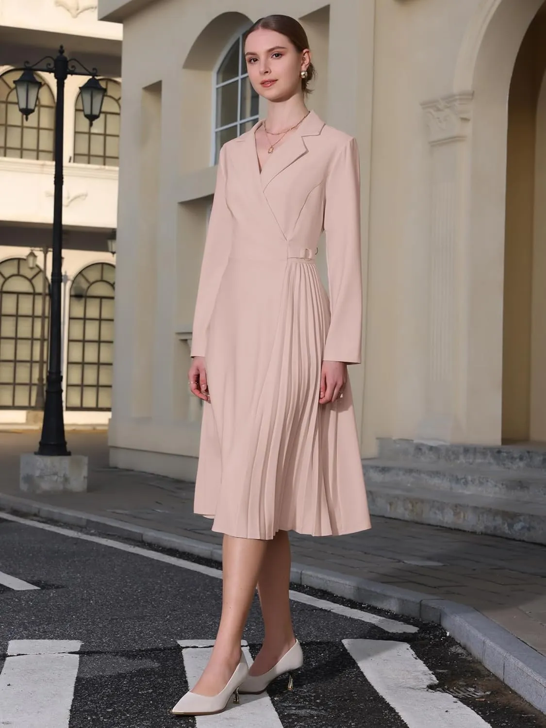 Women's Wrap Dress A-Line Pleated Midi Long Sleeve Dresses